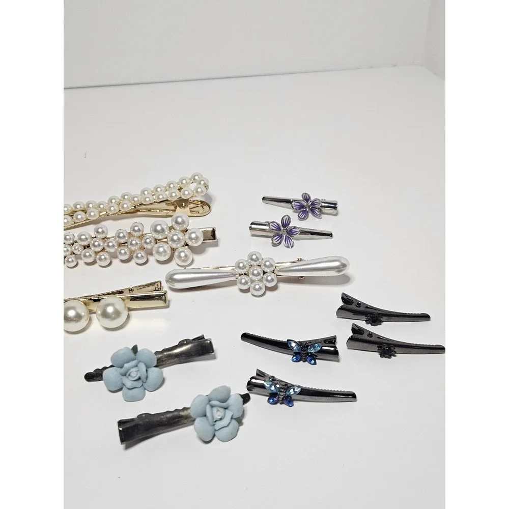 Vintage Hair Barrettes Clips Lot 21pc Huge Rhinestone Pearl Butterfly Floral Set